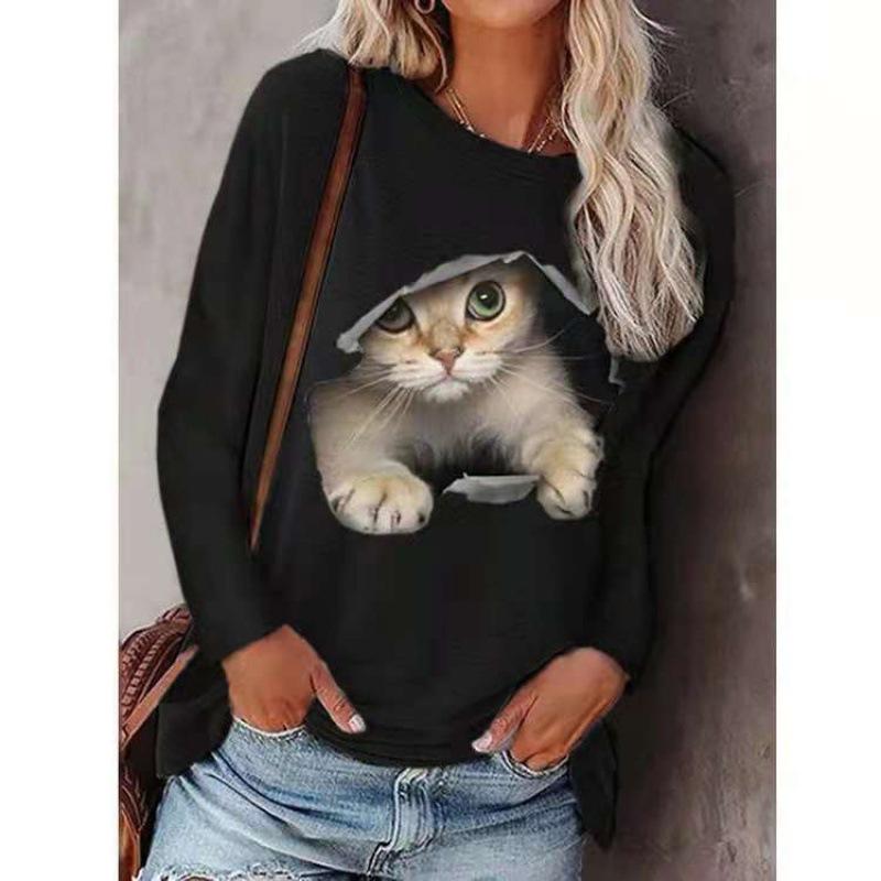 YYFS Women's Fashion Casual Spring Fall Cat Print Long Sleeve O Neck Blouses & Shirts