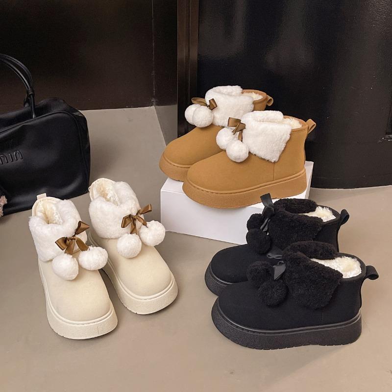 Милые ботинки-дутики на толстой подошве с бантом из помпона, женские зимние теплые хлопковые ботинки, женские короткие ботинки с мехом, женский большой размер