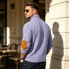 Мужской свитер-henley с косами, контрастные замшевые заплатки на локтях, воротник-стойка на 2 пуговицах, жаккардовый пуловер, винтажный, с длинным рукавом, текстурированный, повседневный вязаный джемпер