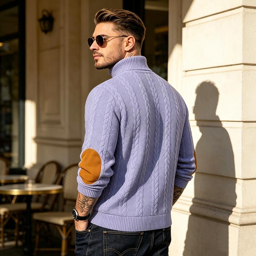 Мужской свитер-henley с косами, контрастные замшевые заплатки на локтях, воротник-стойка на 2 пуговицах, жаккардовый пуловер, винтажный, с длинным рукавом, текстурированный, повседневный вязаный джемпер