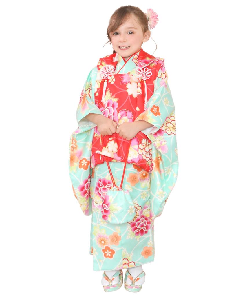 Kimono Set for 3 Years Cloth Gorgeous Set Patterned Date Long Hair Waist for Girls Jade [KYOETSU] Shichi-Go-San, Old, Set, C, 9-piece (patterned