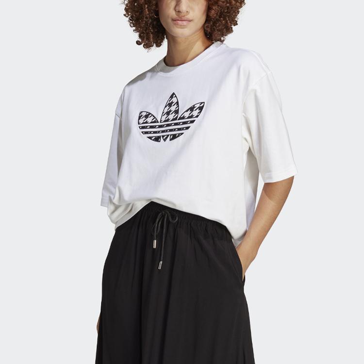 Adidas Originals American Vintage Houndstooth Logo Print Loose Fit Crew Neck T-Shirt Women Tops White IC5144