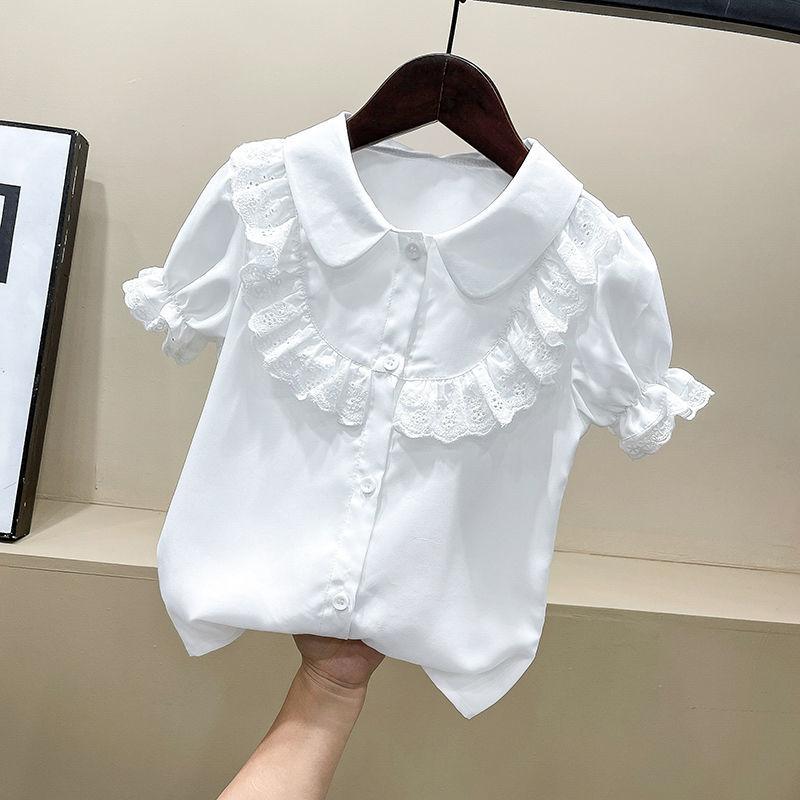 Летняя детская одежда, милые кружевные повседневные топы с короткими рукавами, блузка для детей, модные однотонные рубашки с отложным воротником для девочек