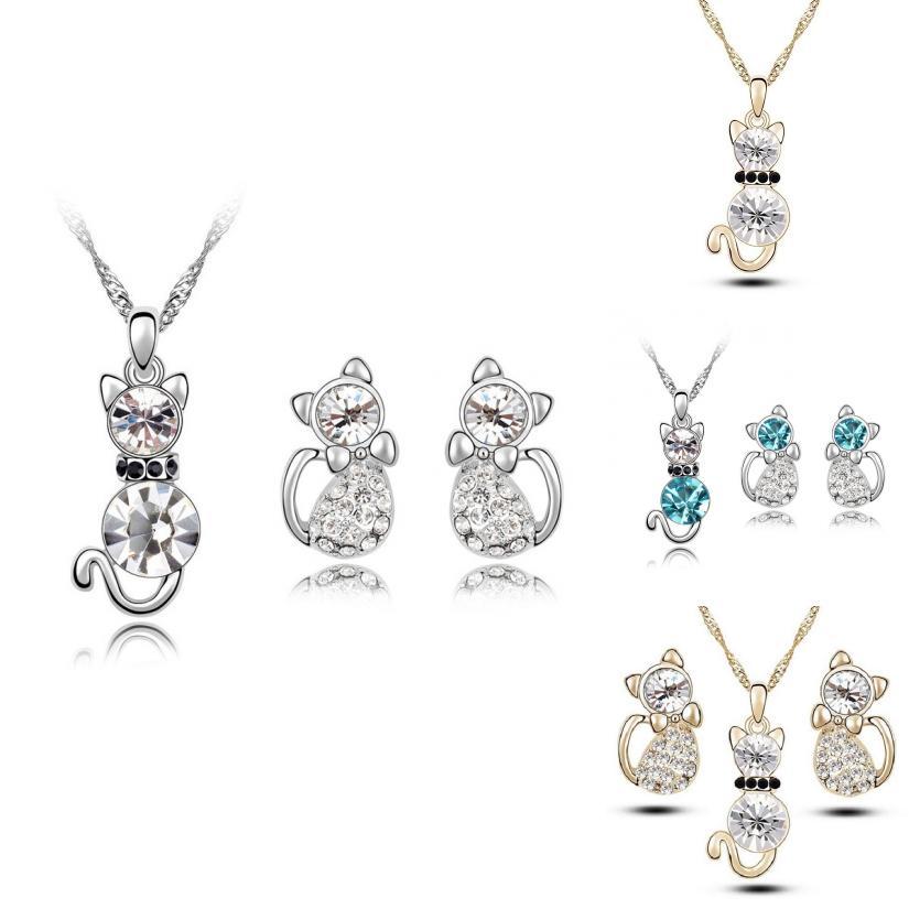 Кошка 3 шт. Набор ювелирных изделий в виде кристаллов, ожерелье, серьги, подарок для девочек-подростков, для женщин