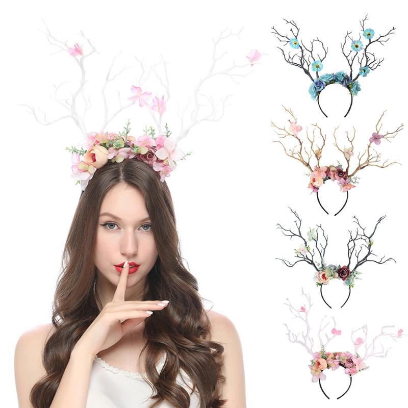 Flower Crown Hair Wreath Deer Antlers Headbands Reindeer Headdress Floral Headwears Holiday Wedding Photo Props