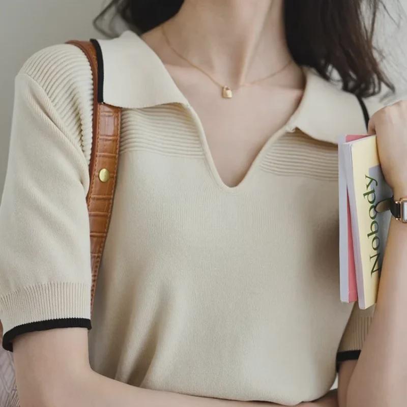 Женский летний свитер-поло в стиле ретро из французского ледяного шелка 2024 года