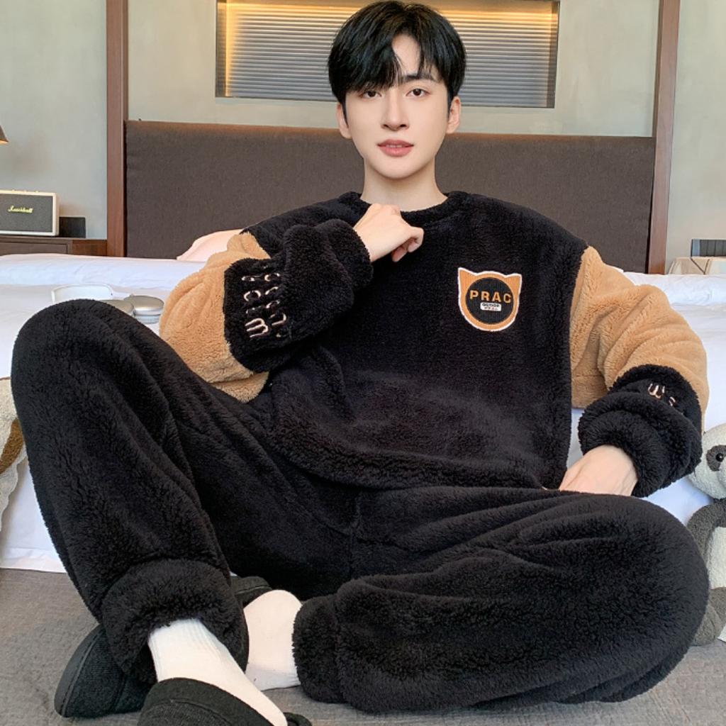 Зимняя одежда, коралловый флис, пижамы, мужская одежда, утепленный флис, круглый вырез, брюки с длинными рукавами, костюмы, домашняя одежда