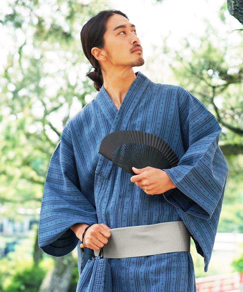 Юката комплект из 6 предметов Shingen Waist S Indigo Jade Stripe Easy to Yukata Лето Японский Японский [Rochelle] Мужской (Юката, Оби, Гета, Сумка, Веер, Ремень) М,