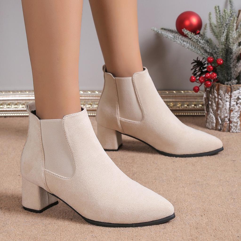 European and American Fashion Boots Women's 2024 Autumn Winter New Pointed Suede Side Zipper Mid Heel Short Boots Zapatos Mujer