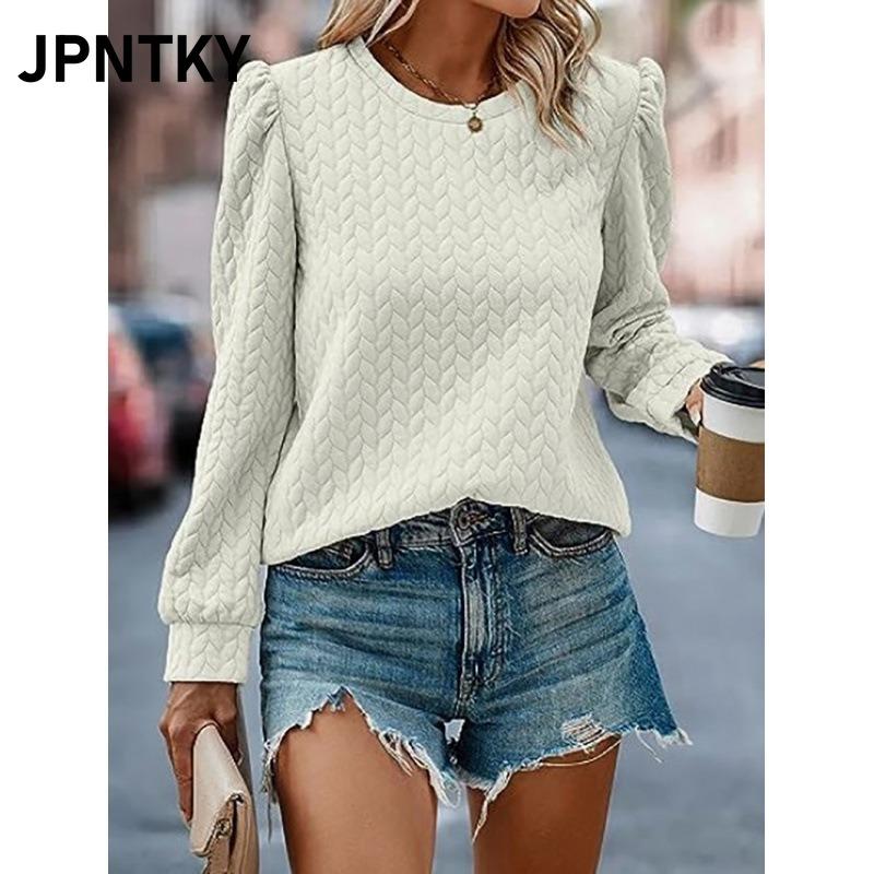 Женские модные повседневные блузки и рубашки JPNTKY, однотонные, с принтом, с длинным рукавом, с круглым вырезом