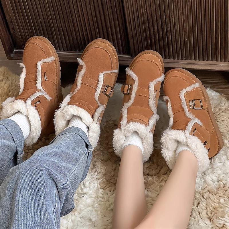 Меховые интегрированные зимние ботинки женские с пряжкой, зимние набивные утолщенные хлопковые ботинки, модные