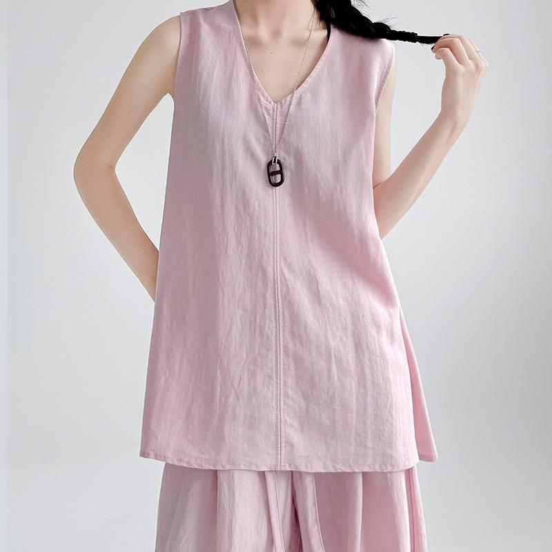 Linen Sleeveless T-shirt Women's Summer Loose V-neck Vest Solid Color Cotton and Linen Top