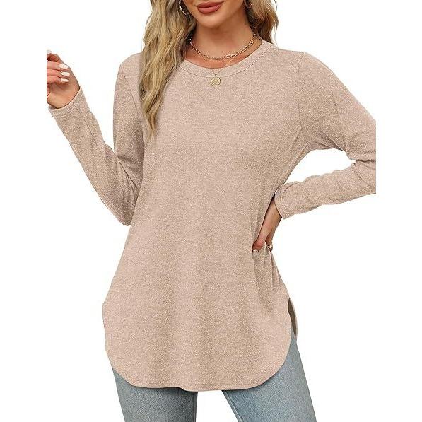 GMXIA Autumn Women's Solid Color Long Sleeve Top Round Neck Loose Casual Base Shirt