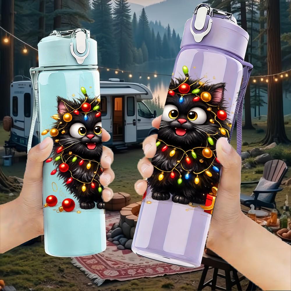 1PC Festive Gift Box Black Cat Cartoon Print 750ml Color Plastic Sports Water Bottle Leakproof Flip Straw Lid Suitable for Sports Office Home Use