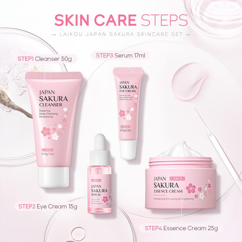 LAIKOU Набор для ухода за кожей Sakura 4 шт. Очищающее средство, сыворотка, крем, крем для глаз