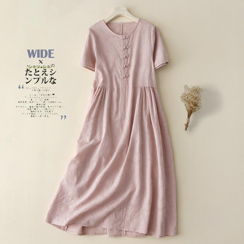 Women's Summer New Round Neck Short Sleeved Cotton and Linen Long Dress