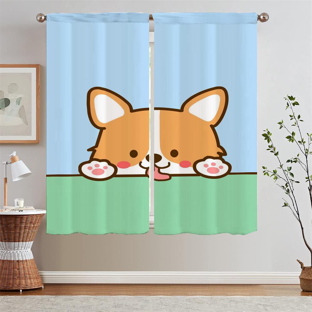 Corgi Butt Tulle In Kitchen Curtains for Living Room Blinds Bedroom Curtains 2 Pieces Fabric Curtain Tiebacks Curls Tentacles