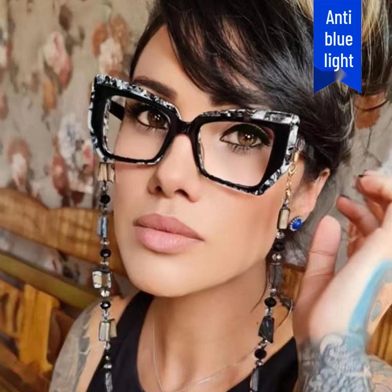 Retro Color-blocking Cat-eye Polygon Anti-Blue Light Women's Eyeglass Frame with Flat Lenses