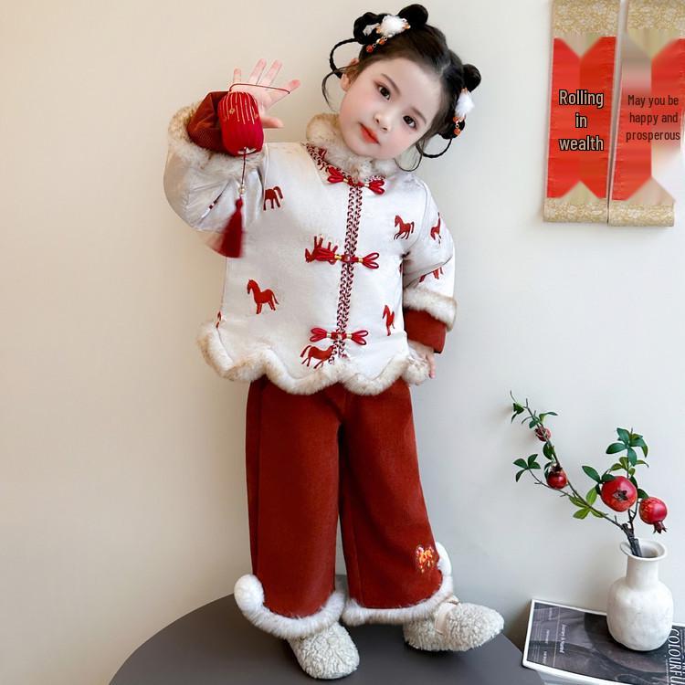 Набор Hanfu Meng Tang Tang 2025 для девочек на Китайский Новый год - Детский праздничный зимний наряд