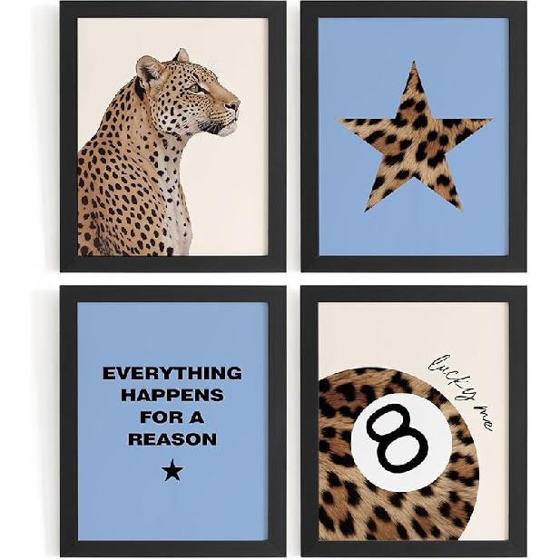 DSHFG Преппи Розовые Картинки с Принтом Гепарда Декор Стен, Модные Постеры с Гепардом Леопардом 8 Шаров Декор Комнаты Y2k, Фанковое Настенное Искусство для Подростка Девочки в Спальню