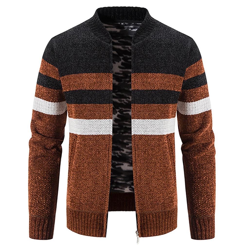 Color Blocked Cardigan Sweater Men's Plush Thickened Casual Knitting Coat