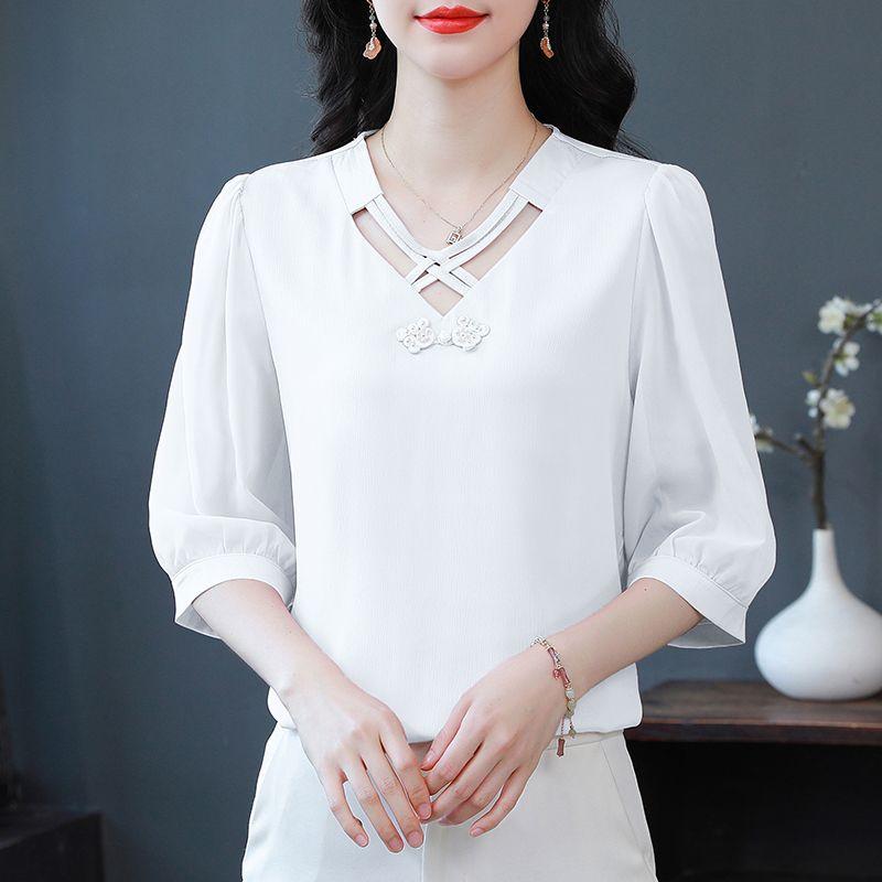 Women's Summer Shirts Fashionable and Western Design with Seven Sleeve Chiffon Style Small Top