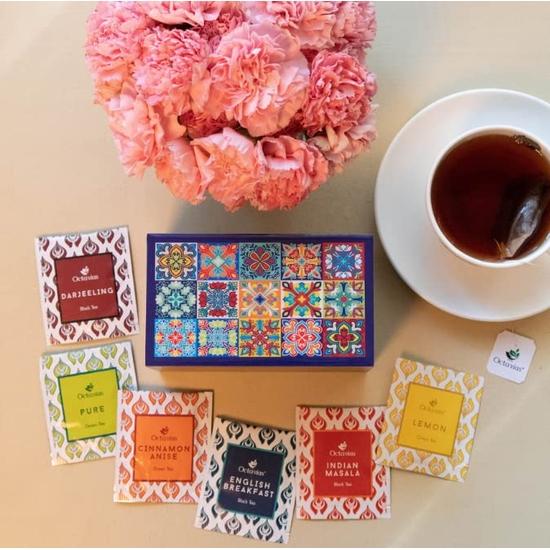 Деревянная подарочная коробка для чая с мотивом плитки Октавиус - 30 чайных пакетиков | Наборы чая в подарок на День святого Валентина | Ассортимент изысканного черного и зеленого чая | Подарочная коробка премиум-класса