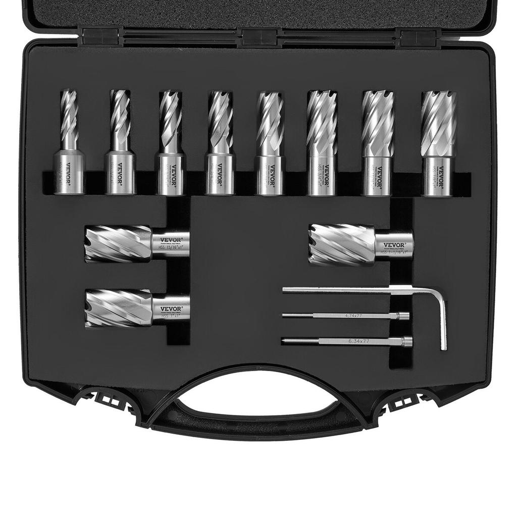 Annular Cutter Set, 13 pcs Weldon Shank Mag Drill Bits, 1" Cutting Depth, 7/16" to 1-1/16" Cutting Diameter, M2AL HSS, 2 Pilot Pins, Hex Wrench and