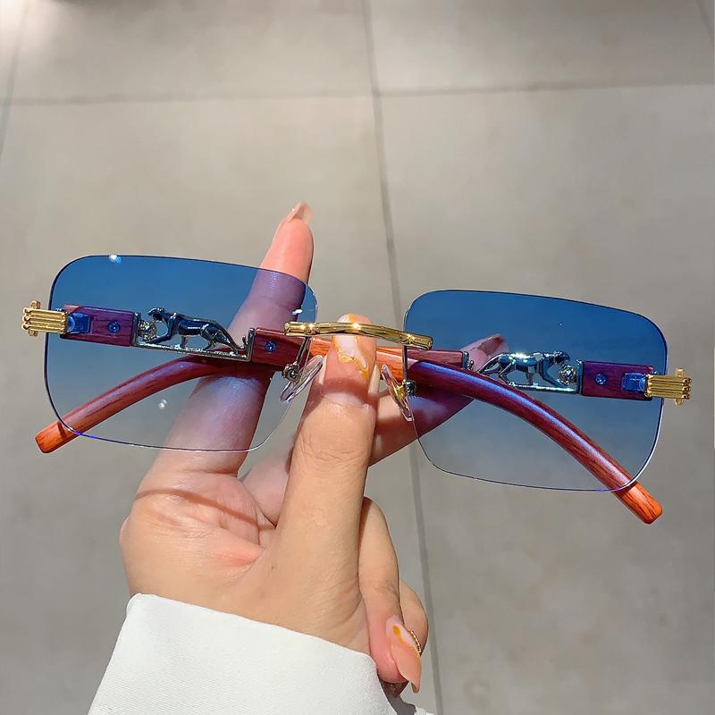 Rimless Vintage Men Sunglasses Stylish Rectangle Gradient Ocean Lenses Shades New Trendy Wooden Legs Brand Design Eyewear