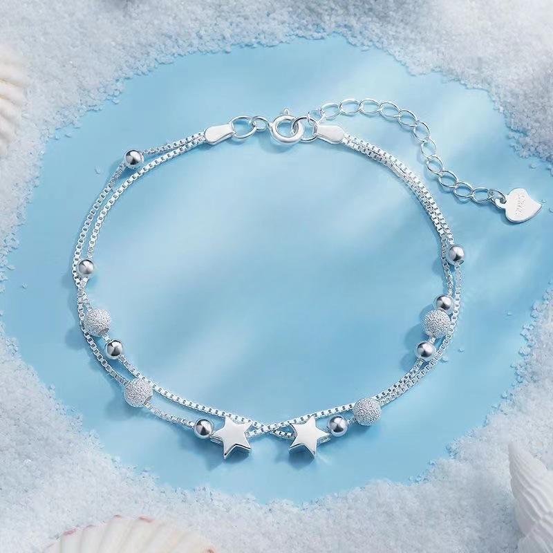 925 Sterling Silver Bead Chain Bracelets For Women Korean Sweet Double Layer Beautiful Stars Bracelets Original Jewelry Gifts
