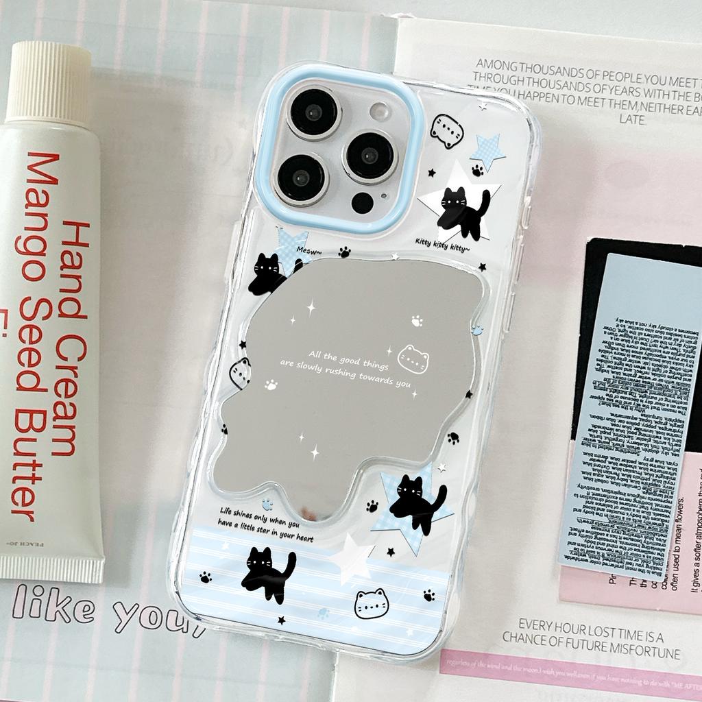 English black cat wave mirror is suitable for Apple 16/15/iphone13promax Huawei makeup mirror mobile phone case