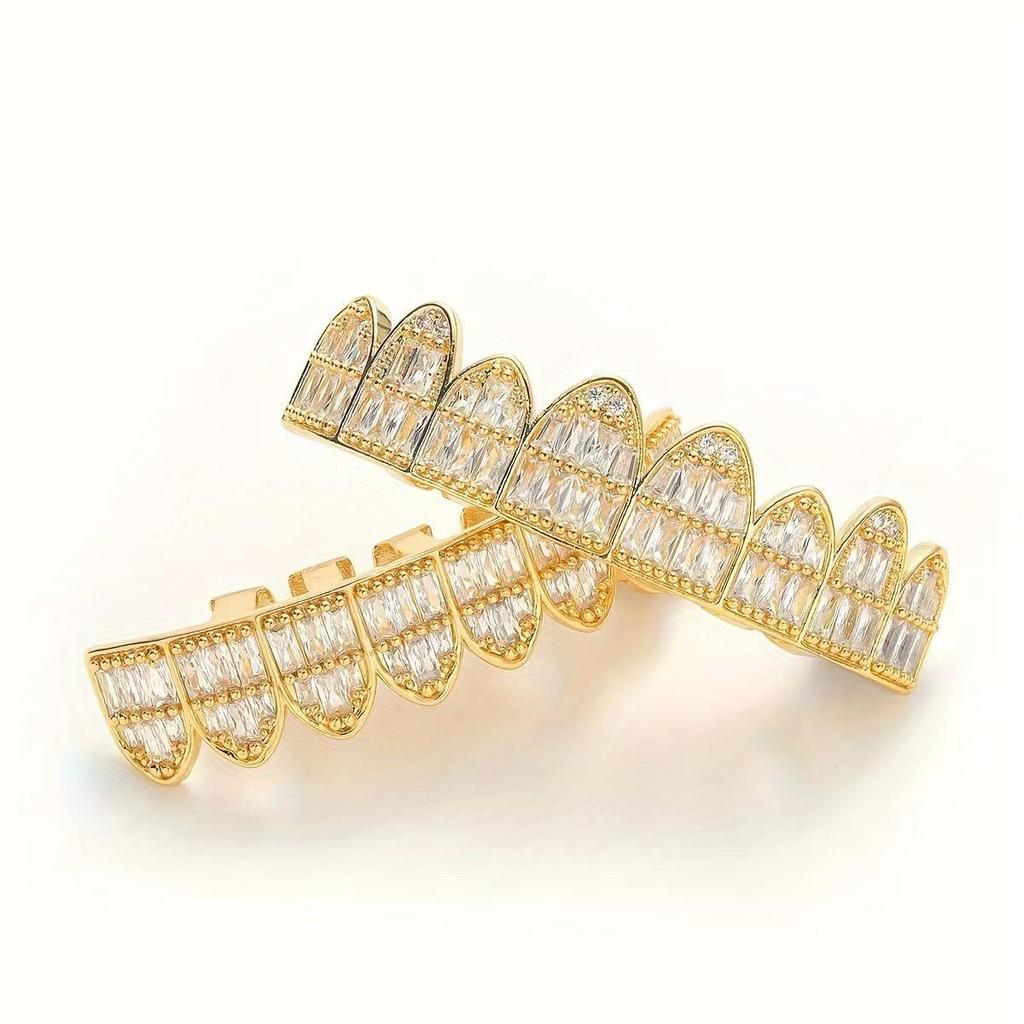 European and American Trendy HIOHOP 18K Gold Plated Hip Hop Grillz with Copper Inlaid Square Rhinestones.