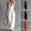 Summer Women Jumpsuit V Neck Sleeveless Front Button Casual Loose Wide Leg Pants Ladies Long Romper Overall with Dual