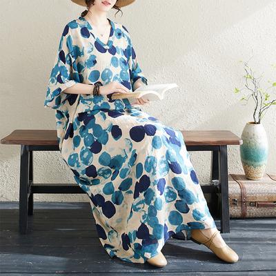 2024 Летнее платье больших размеров, пляжное женское платье макси с v-образным вырезом и цветочным принтом, праздничные мягкие синие льняные свободные платья в горошек