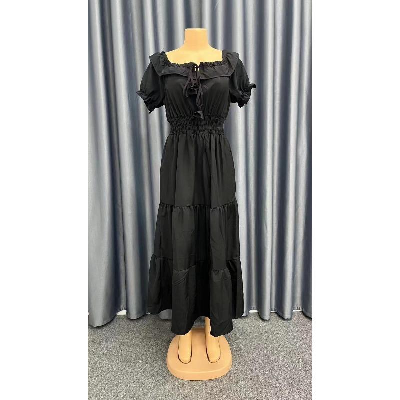 Women's Summer Long Dress New Fashion Solid Color Ruffled Strapless Puff Sleeve Vacation Dress Women Elegant Off Shoulder Sexy A Line Female Dresses