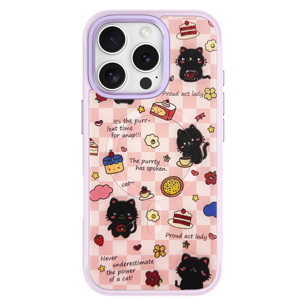 For iPhone 16 Pro Max Magnetic Case TPU PC Phone Cover with Detachable Happy Black Cat Backplate