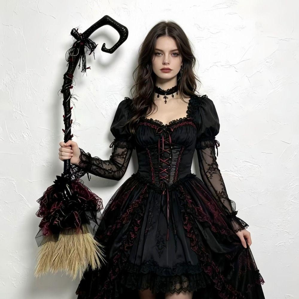 Gothic Style Cosplay Props Black Tulle Halloween Costume Harajuku Witch Broom Cosplay Events