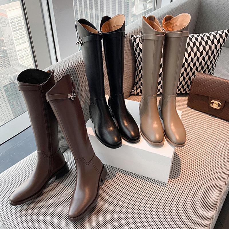 Grape Mom Studiolee Черные ботинки Женские Интернет-знаменитость На молнии Толстая подошва Высокие Узкие Ботинки для мотоциклистов