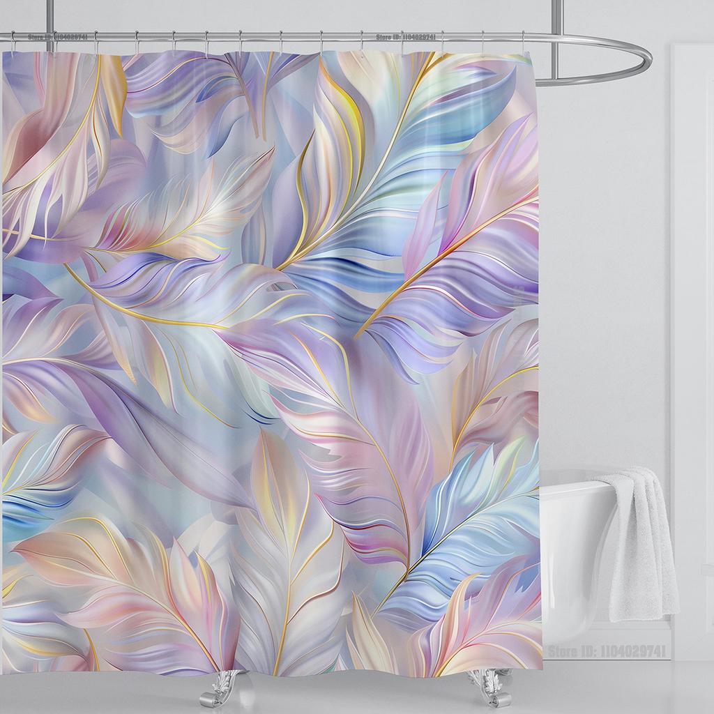 3D Feather Shower Curtain Set Colorful Printed Design Fabric Bathroom Decoration Waterproof Washable Shower Curtain with Hooks