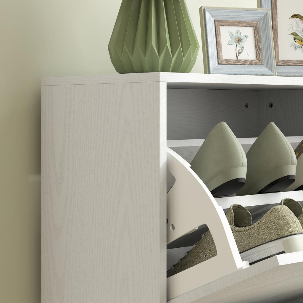 Shoe Cabinet, 2 Fold-Down Drawers, Adjustable Shelves, 47x26x85cm, White Wood Grain