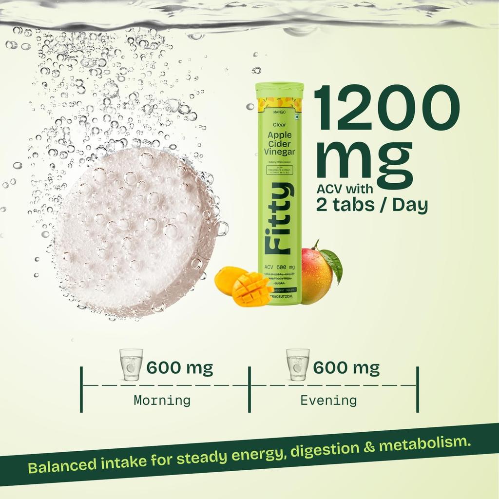 Fitty Apple Cider Vinegar Fizz 600mg Mango Flavour With Vitamin B6 Zero Sugar 4x15 Tablets