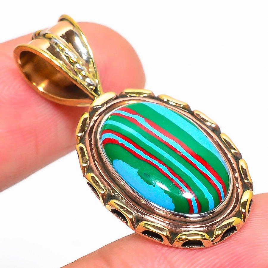 Натуральный радужный кальцит двухцветный 925 пробы стерлингового серебра кулон 1,50" W1S14