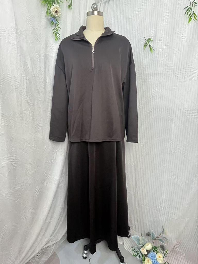 2025 Women's Casual Loose Drapey Half-Zip Top & Skirt Two-Piece Set