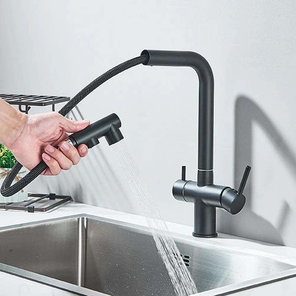Kitchen Pull-out Filtered Faucet Black Brass Purifier Faucet 360 Rotation Dual Sprayer Drinking Water Tap Vessel Sink Mixer Tap