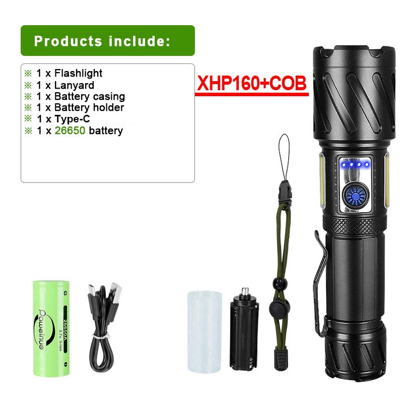 Мощный фонарик Супер яркий XHP160 LED + COB магнитная лампа Водонепроницаемая вспышка Перезаряжаемый фонарик