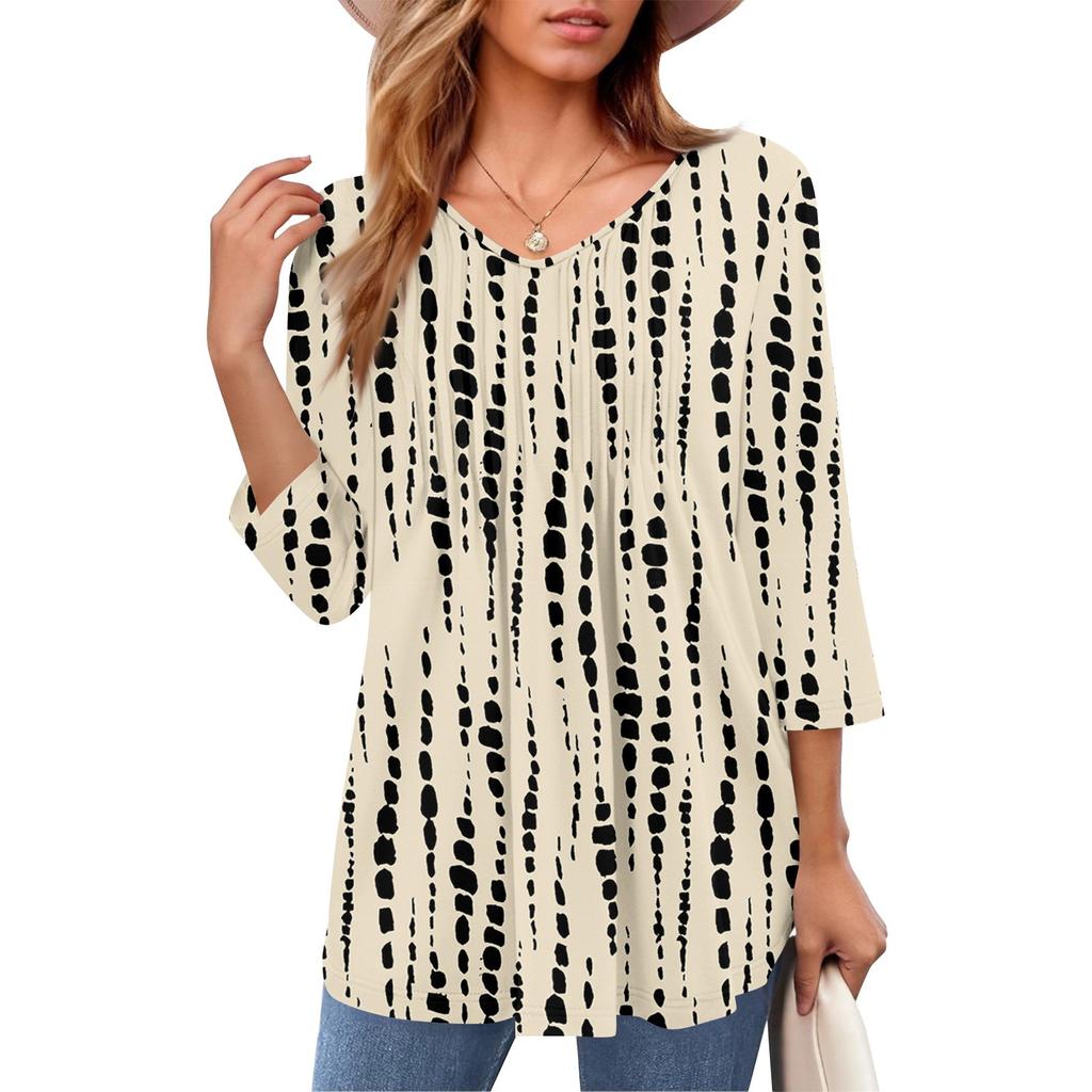 Женские топы с V-образным вырезом и рукавом три четверти в полоску, плиссированные, повседневные, летние, модные, рубашки