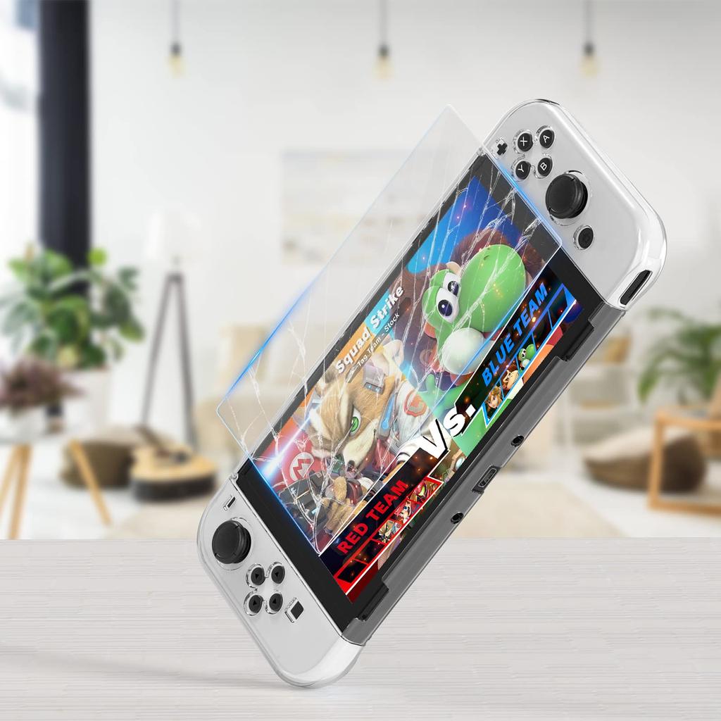 Чехол HEYSTOP Switch OLED с набором чехлов Switch OLED 4in1 Чехол Switch OLED для ПК Стеклянная пленка Колпачок для большого пальца Сумка для хранения нейлоновая полная большая противоударная