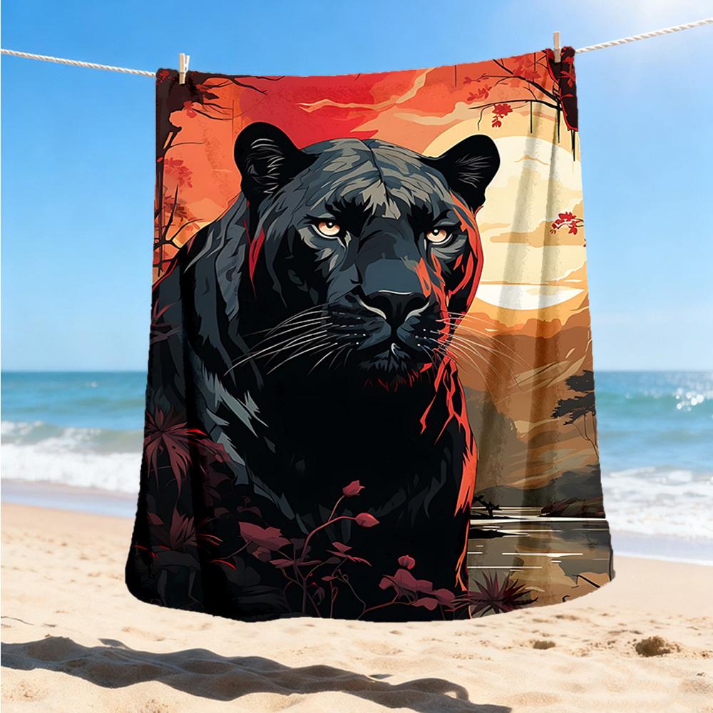 1pc Panther Sunset Jungle Throw Blanket Polyester Fiber, Lightweight Flannel, Soft & Warm, All Season Use for Outdoor, Camping Digital Print