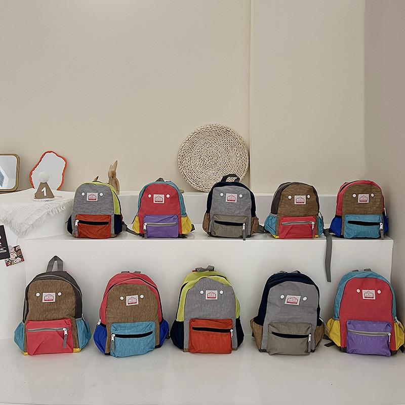 Canvas Blocked Color Backpack With Nylon Simple For Children Backpack Spine
