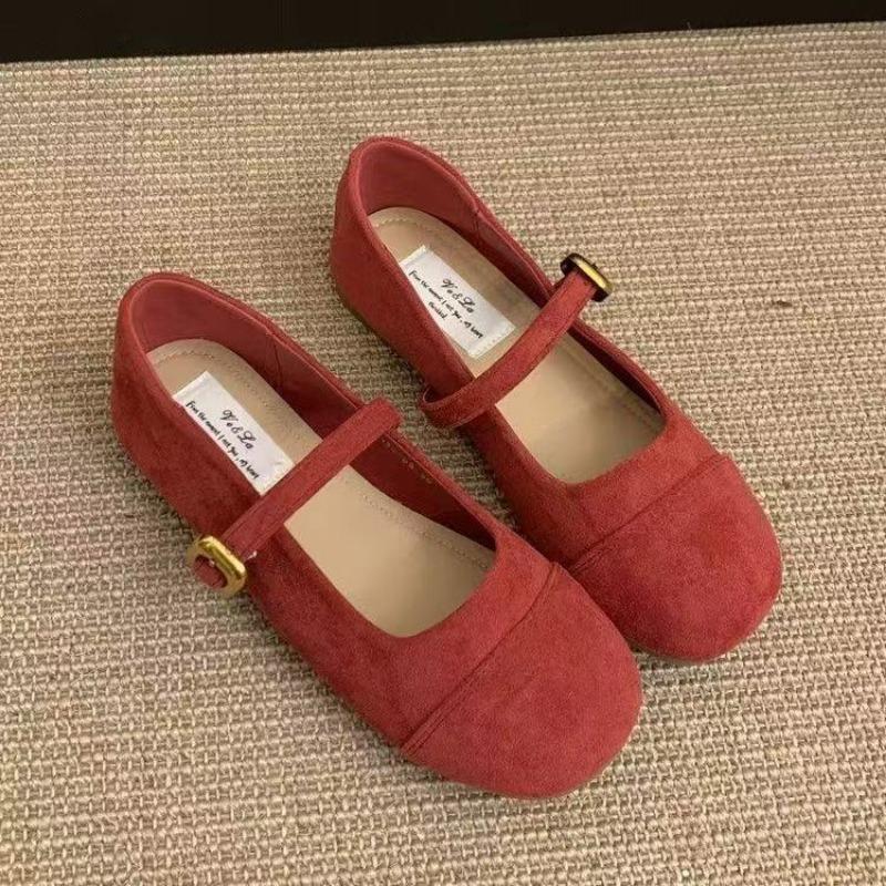 Light Mouth Red Single Shoes Female Spring and Autumn New Retro Gentle Fairy Suede Mary Jane Shoes Flat Beanie Shoes